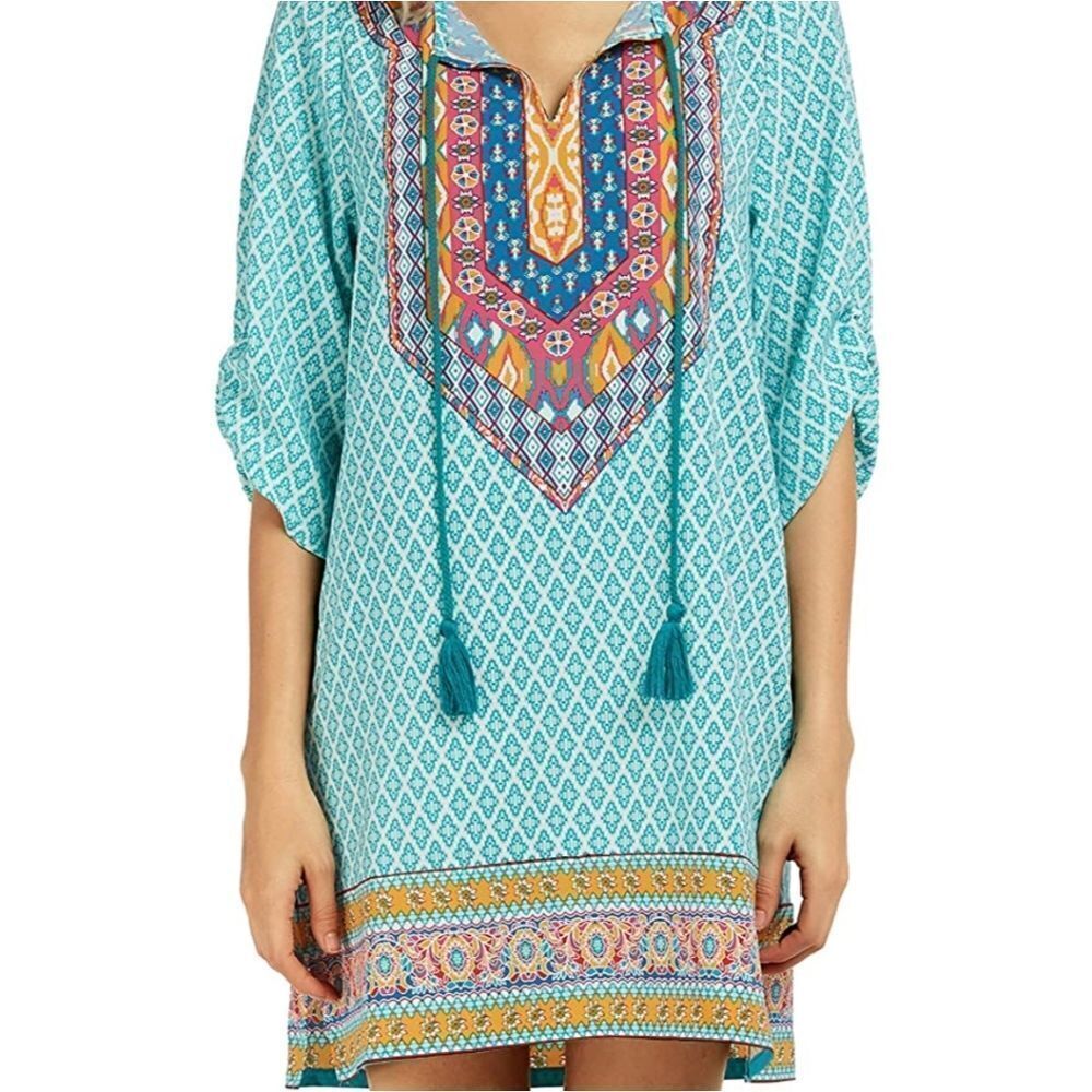 Bohemian Neck Tie Vintage Printed Ethnic Style Shift Dresses Size Large NWOT